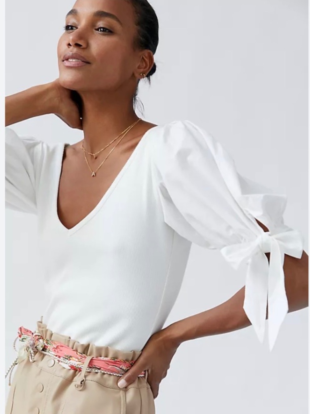 Anthropologie Maeve White Ribbed Cotton Knit V Neck Puff Sleeve Bow Top SZ S